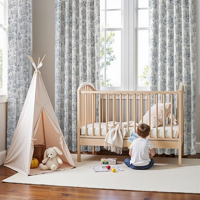 jinchan 95% Blackout Nursery Curtains 84 Inches Long, Bunny Woodland Toile Curtains Blue on Beige Animal Printed Drapes for Bedroom Rod Pocket Thermal Insulated Farmhouse Window Treatment 2 Panels