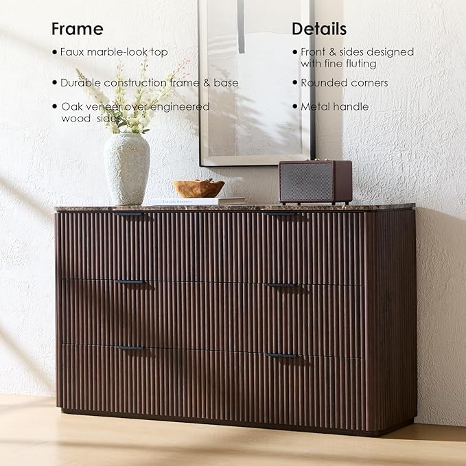 Fluted 6 Drawer Dresser for Bedroom, 54.5" Wide Modern Chest of Drawers with Faux Marble Top, Curved Corners Design, Wooden Dresser TV Stand with Organizer Storage for Living Room, Dark Oak