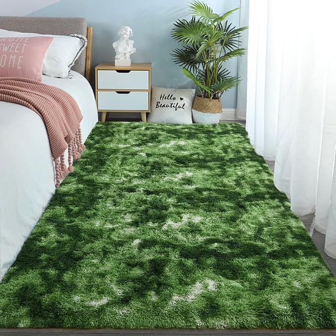 DweIke Fluffy Dark Green Rugs for Bedroom Living Room, 8x10 Large Soft Plush Shaggy Tie-Dyed Forest Moss Green Girls Boys Kids Rug, Non-Slip and Machine Washable Carpet for Dorm Nursery Decor