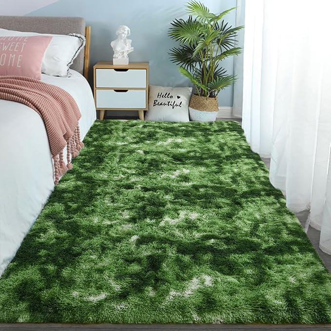 DweIke Fluffy Dark Green Rugs for Bedroom Living Room, 4x6 Feet Soft Plush Shaggy Tie-Dyed Forest Moss Green Girls Boys Kids Rug, Non-Slip and Machine Washable Carpet for Dorm Nursery Decor