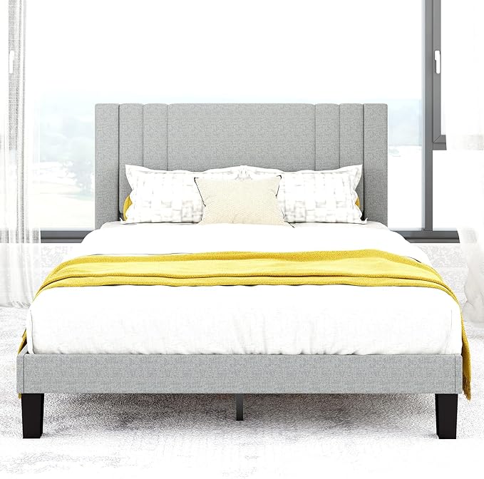 Tyndall Queen Size Bed Frame, Linen Fabric Upholstered Platform with Headboard