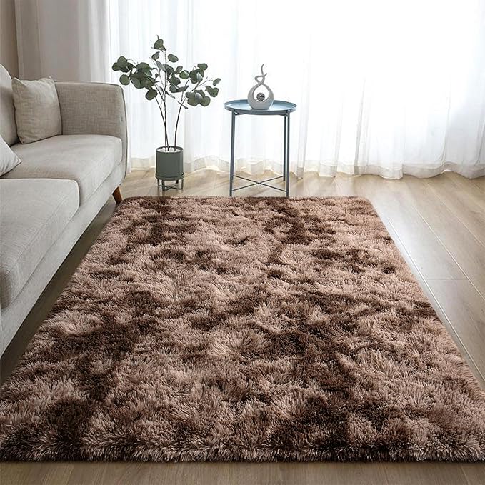 DweIke Fluffy Brown Rugs for Bedroom Living Room, 8x10 Large Soft Plush Shaggy Tie-Dyed Dark Coffee Girls Boys Kids Rug, Upgraded Non-Slip and Machine Washable Carpet for Dorm Nursery Decor