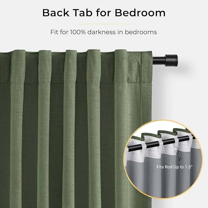 INOVADAY 100% Blackout Curtains for Bedroom, Black Out Curtains 120 Inch Long, Clip Rings Linen Blackout Drapes, Thermal Insulated Room Darkening for Living Room, 2 Panels - Moss Green,W50xL120