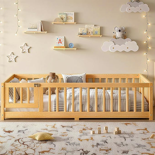 Bellemave Montessori Twin Floor Bed Frame with Fence and Removable Door, Low Profile Twin Size Montessori Bed Frame for Kids, Solid Wooden Floor Beds for Bedroom,Nursery, Natural