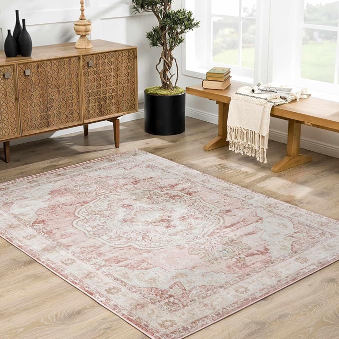 BoutiqueRugs Blush & Light Pink Collection Kandos Bohemian Oriental Medallion Runner Rug - Traditional Floral Carpet for Hallway, Kitchen - Blush, Dusty Pink, Cream - 2'7" x 10' Runner