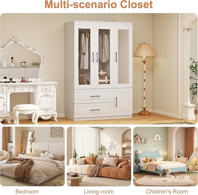Armoire Wardrobe Closet with Mirror, 3 Door White Wood Wardrobe Closet Wooden Bedroom Armoire 2 Drawer with Hanging Rods for Home/Bedroom/Living Room White-50+51