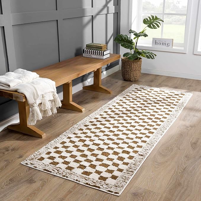 Hauteloom Leryn Living Room, Bedroom Area Rug - Checkered - High Pile - Bone - 7'10" x 10'