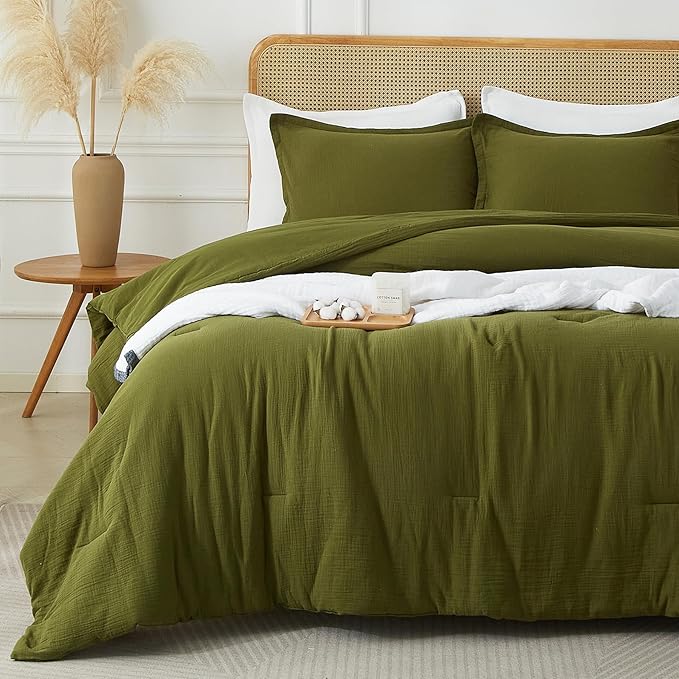 Muslin Comforter Set King Size, Cotton Cover & Polyester Filling, Breathable & Linen Like & Suitable for All-Season Use,3 Pieces(1 Comforter 104"x90", 2 Pillow Shams 20"x36"), Olive Green