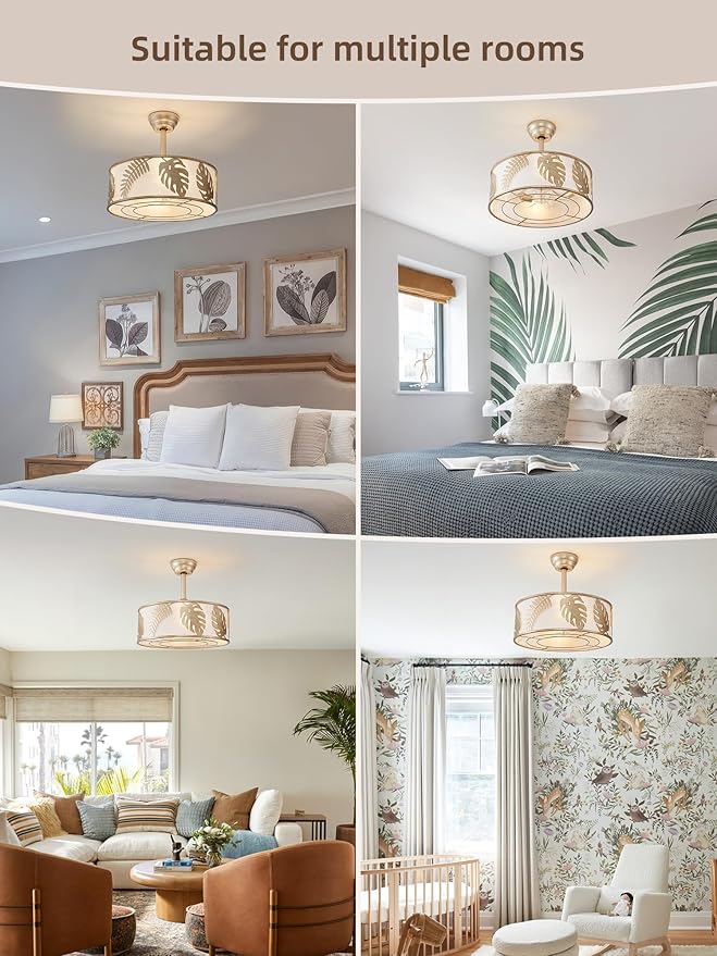 20" Gold Caged Ceiling Fans with Lights, Gold Fandelier Ceiling Fan with Light Remote Control, Bladeless Caged with 6 Speeds for Bedroom, Nursery, Living Room