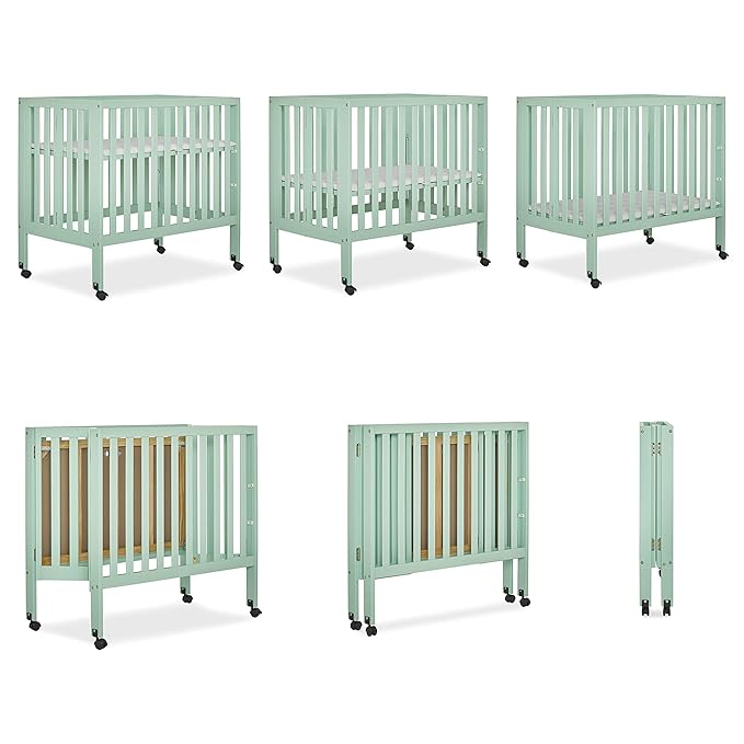 Dream On Me Jett Mini Folding Baby Crib in Mint, GreenGuard Gold & JPMA, Lightweight & Portable, Patented Flat Folding System for Small Spaces & Travel, 1.5” Mattress Pad, 3 Heights, Safe Wheels