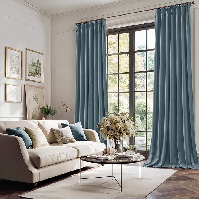 StangH Slate Blue Velvet Curtains 84 inches Long, Super Soft Pinch Pleated Living Room Darkening Drapes Luxury Decor Room Divider for Track System Office, W40 x L84, 2 Panels