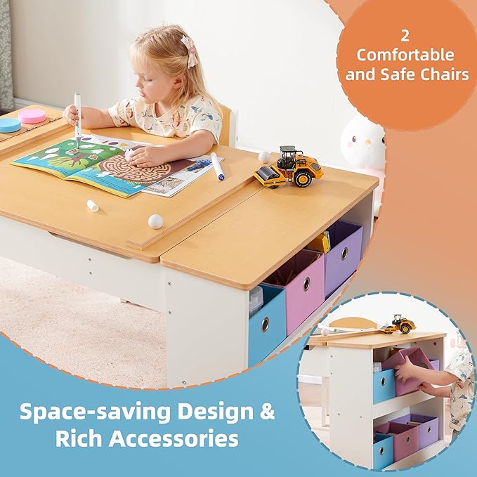 Kids Art Table and Art Easel Table & 2 Chair Set, 2 in 1 Toddler Craft and Play Wood Activity Table with Storage Bins and Paper Roll (Natural & White)