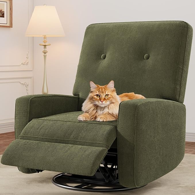 GarveeHome Recliner Chairs, Swivel Rocker Recliner, Glider Recliner Nursery Chair for Adults, 360° Swivel Glider Rocking Chair for Living Room, Bedroom, Office, RV, Small Spaces, Corduroy, Green