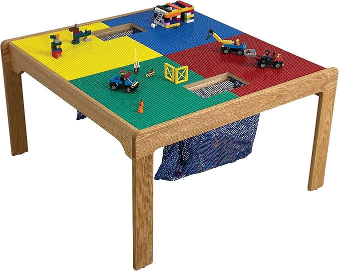 Fun Builder® #1 Rated American-Made 4 Color Lego® Compatible Wood Table with Built-in Storage(Patent)-Built to Last Generations!-NO Tools-5 Minute Assembly(Patent) 32"x32" Ages 5 & Less