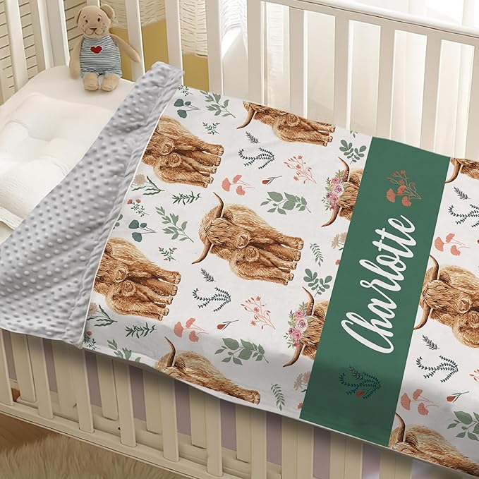 Personalized Baby Name Blanket for Boy Girl, Soft Flannel Blanket with Double Layer Dotted Backing for Infant Newborn, Nursery Crib with Floral Highland Cow Design, Gifts for New Mom(60" x80)
