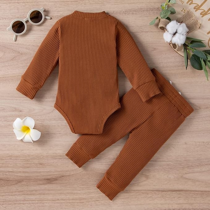 Newborn Baby Boy Girl Clothes Ribbed Knitted Cotton Long Sleeve Romper Long Pants Solid Color Fall Winter Outfits