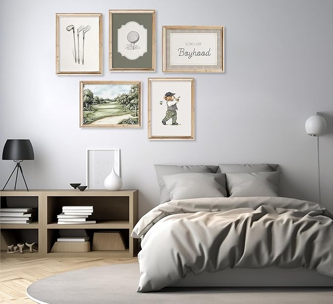 Vintage Golf Nursery Wall Art Retro Sport Kids Room Canvas Wall Decor Teddy Bear Pictures Sage Green Antique Posters Baby Animal Painting Print Artwork for Baby Boy Girl Room Playroom, Unframed