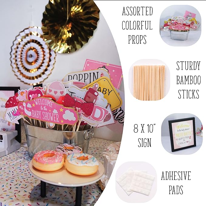 Girl Baby Shower Photo Booth Props - 41-pc Photobooth Kit with 8 x 10-Inch Sign, 60 Adhesive Pads, 45 Sticks - Baby Photo Booth Props Girl - Photo Props for Baby Shower