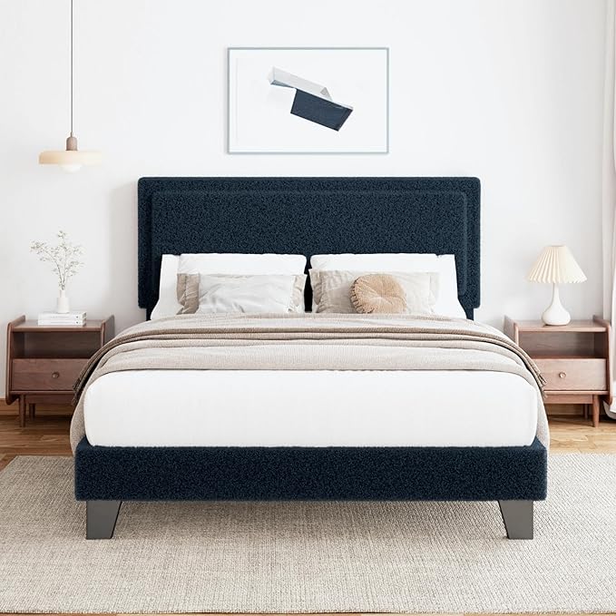 Full Size Boucle Bed Frame, Upholstered Platform Cloud Bed Frame with Headboard, Soft Teddy Fabric, Modern Style, No Box Spring Required, Easy Assembly, Blue-Black