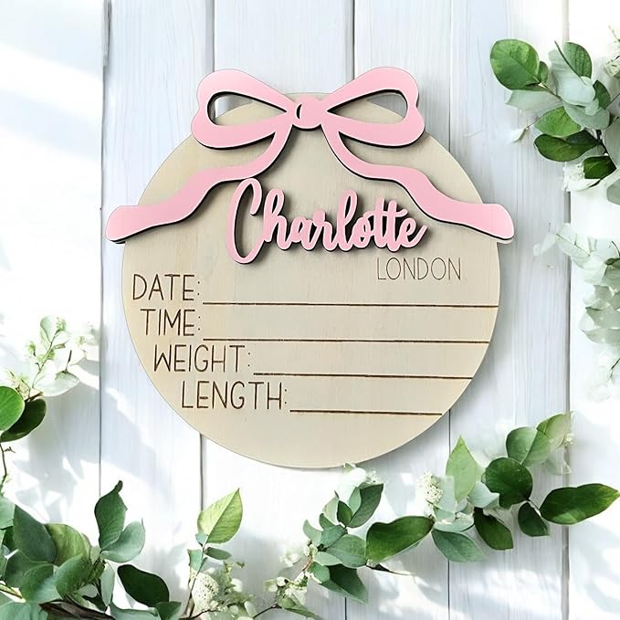 Generic Personalized 3D Baby Girl Name Announcement Sign with Bow - Custom Newborn Birth Stats - Hospital Photo Prop - Multiple Sizes & Fonts - 30 Color Options