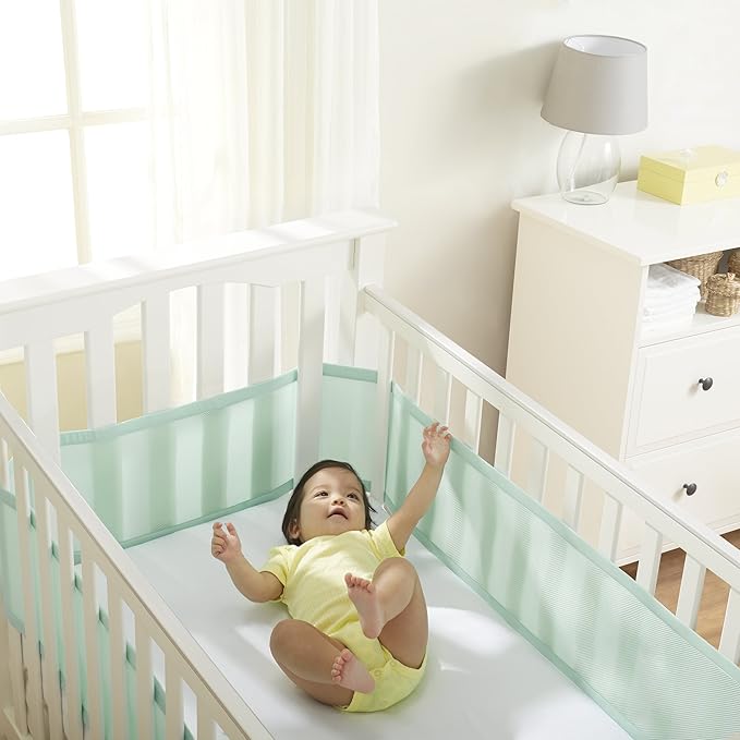 BreathableBaby Breathable Mesh Liner for Full-Size Cribs, Classic 3mm Mesh, Mint Green (Size 4FS Covers 3 or 4 Sides)