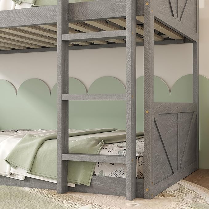 Bunk Bed Twin Over Twin, Wood Low Profile Floor Twin Bunk Beds with Headboard Ladder Guardrails for Kids Boys and Girls, No Box Spring Needed