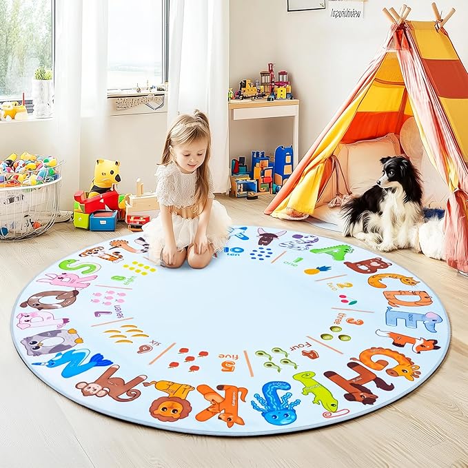 Kids Rugs for Playroom, 4'x4' Round Educational Rug for Learn the ABC Alphabet, Soft Machine Washable Non-Slip Cute Animal Carpet for Classroom Toddler Nursery Kids Room Decor Mat, Light Blue