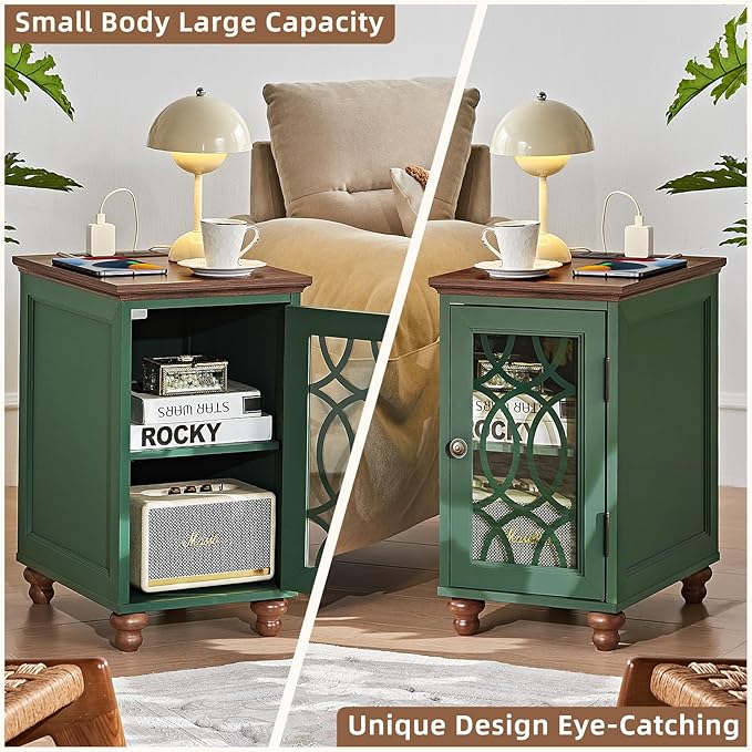 Narrow Side Table with Charging Station, Night Stand with Glass Door, Bedside End Tables with Adjustable Shelf Storage Cabinet,Wood Nightstand for Small Spaces Living Room Bedroom