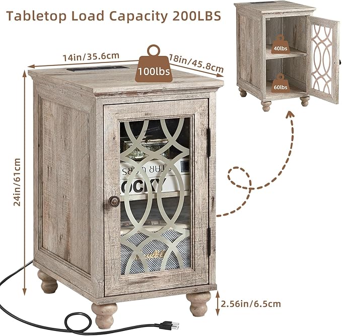 Narrow Side Table with Charging Station, Night Stand with Glass Door, Bedside End Tables with Adjustable Shelf Storage Cabinet,Wood Nightstand for Small Spaces Living Room Bedroom