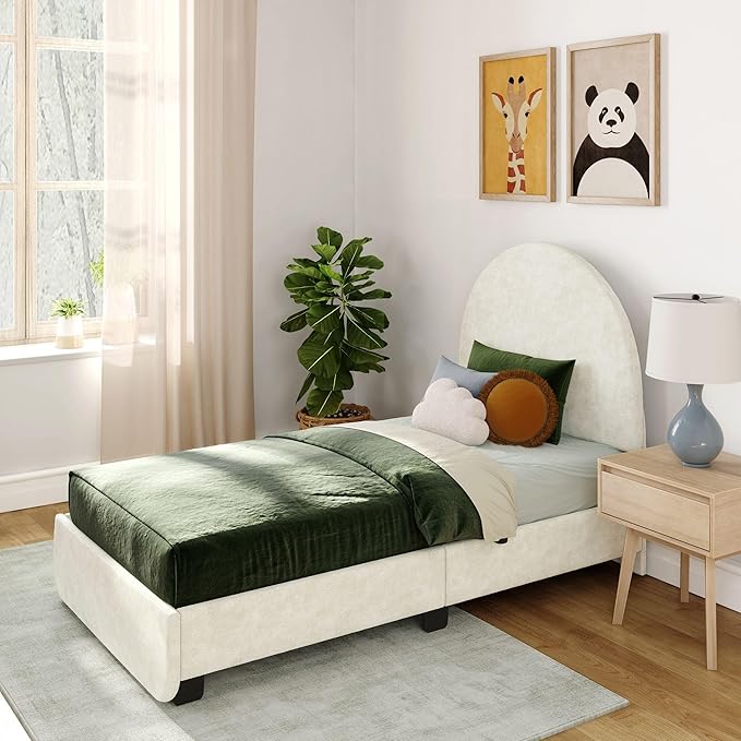 Max & Lily Upholstered Twin Bed Frame with Arch Headboard, Upholstered Platform Bed for Kids, No Box Spring Needed, Easy Assembly, Cream