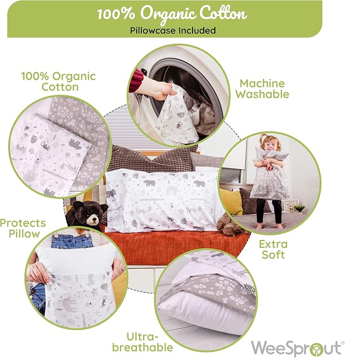 WeeSprout Mini Toddler Pillow for Kids Sleeping - Organic Cotton Shell & Pillowcase with Soft & Supportive Polyfiber Filling – Good for Travel, Machine Washable, 18 x 13 x 3, Safari