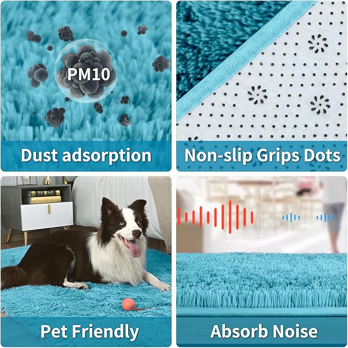 Merelax Soft Modern Indoor Large Shaggy Rug for Livingroom Bedroom Dorm Kids Room Home Decorative, Non-Slip Plush Fluffy Furry Fur Area Rugs Comfy Nursery Accent Floor Carpet 6x9 Feet, Teal Blue