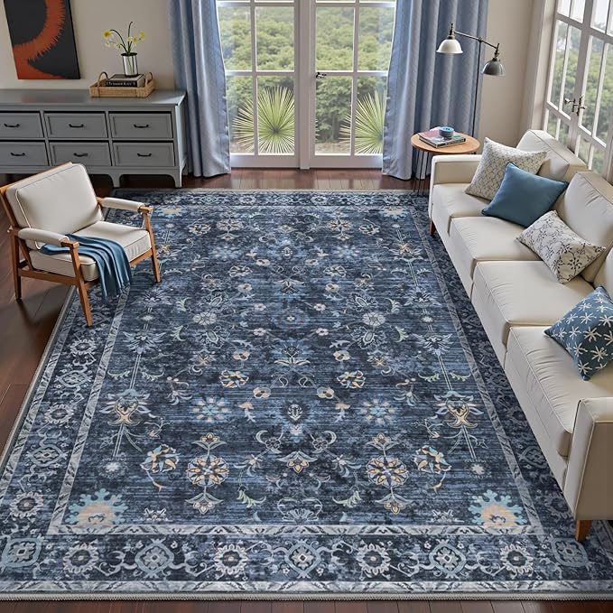 Tangsoo 5x8 Blue Area Rug, Washable Vintage Floral Large Rug Non Slip, Low Pile Stain Resistance Distressed Retro Indoor Boho Carpet for Bedroom Living Room Laundry Dinning Room Mat Home Decor