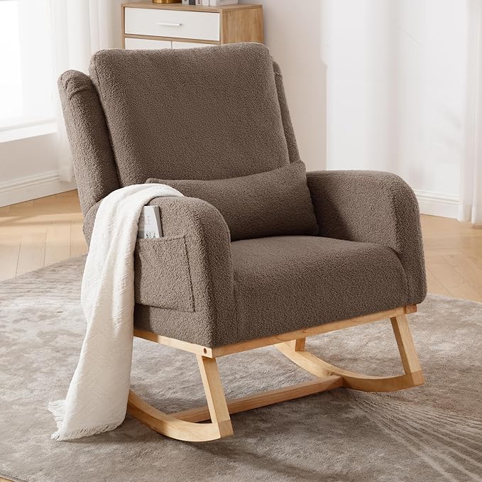 Rocking Chair Nursery,Sherpa Nursing Rocking Chairs, Upholstered Nursery Glider Rocker Wingback Morden Rocking Chair with Lumbar Pillow for Mom Nursery, Living Room, Bedroom, Teddy Coffee