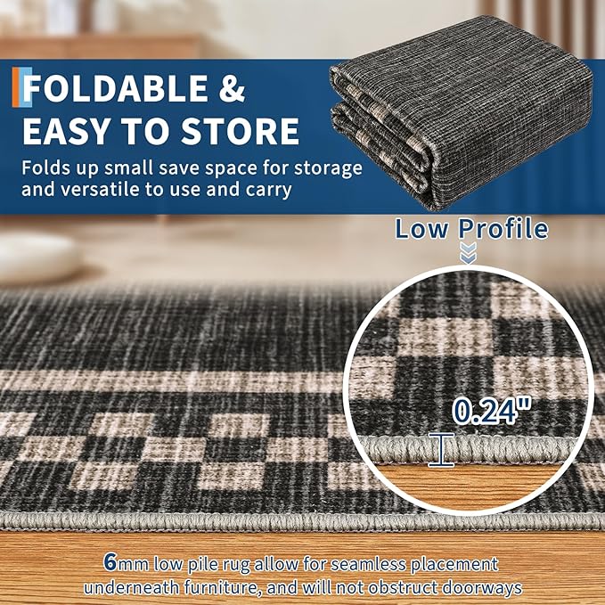 GarveeHome Machine Washable 5x7 Area Rugs Modern Bordered Living Room Rug Non Slip Checkered Geometric Bedroom Throw Carpet Soft Boho Rugs for Dining Room Nursery Home Office, Black