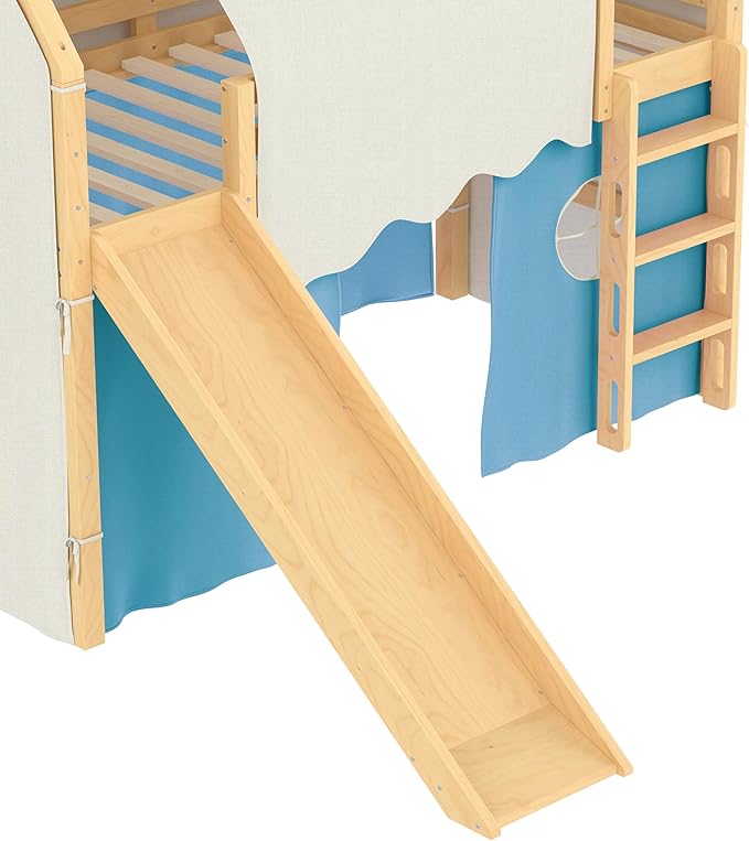 Playhouse Design Twin Size Loft Bed with Slide & Tent, Solid Wood Tent Bed Frame for Kids Boys Girls, Versatile Spacious Under Bed Space, Chic Design with Lights (Natural+Blue-Twin)