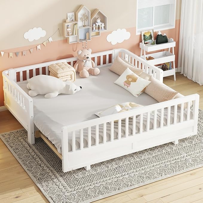 KEIKI Solid Wood Expandable Twin Size Floor Bed for Kids with Guardrails, Can Be Converted into a Double Twin Bed Platform, Montessori Low Profile Bedframe Daybed for Girls Boys, No Box Spring Needed