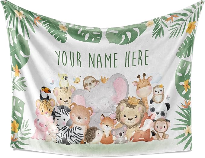 Personalized Baby Blankets with Name | Custom Animal Newborn Blanket for Baby Girl and Baby Boy | Unisex Warm Soft Fleece Swaddle Blanket Minky | (Group Animals, Fleece 50"x60")