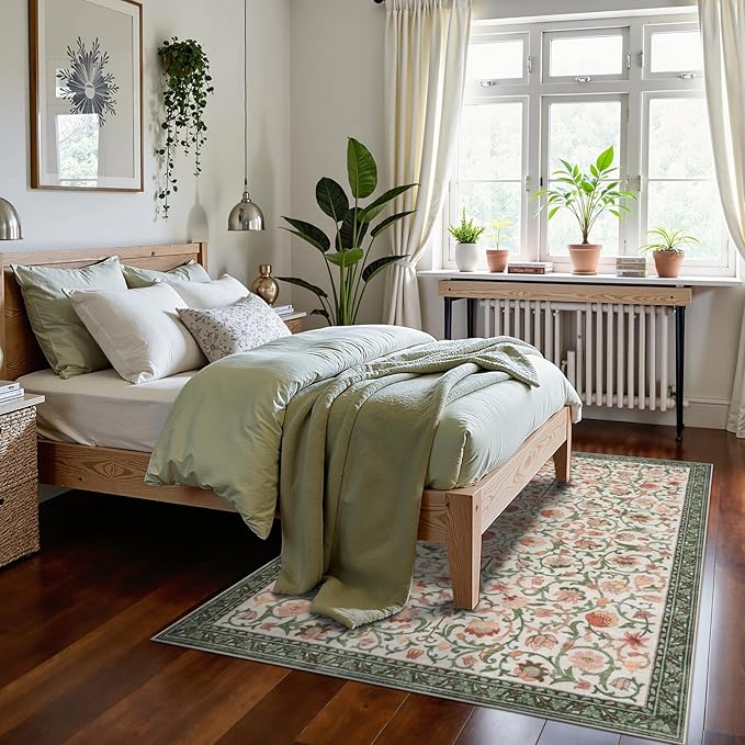 Anidaroel Washable Area Rugs 5x7, Floral Rug for Living Room Boho Area Rug, Non Slip Soft Large Bedroom Rug, Low Pile Stain Resistant Dining Room Rugs Indoor Floor Carpet for Dorm, Beige