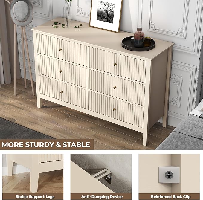 Beige Dresser for Bedroom, 6 Drawers Fluted Chest of Drawers with Storage, Modern Wide Storage Dresser with Paint Design, Wood Drawer Organizer Beige Dressers for Entryway, Hallway