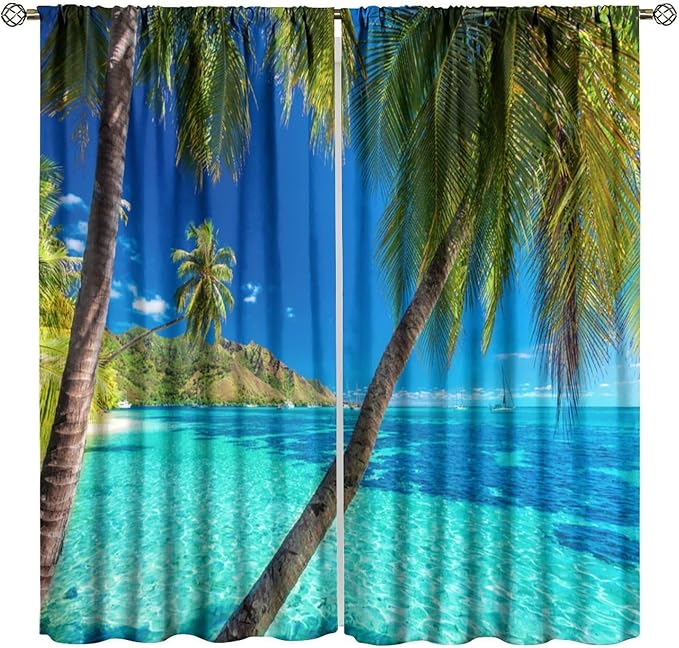 Ocean Beach Curtains,Sunshine and Beach Hawaiian Seaside Scene Pattern Blackout Print Home Bedroom Living Room Window Treatments 2 Panel Set 52x84 Inch
