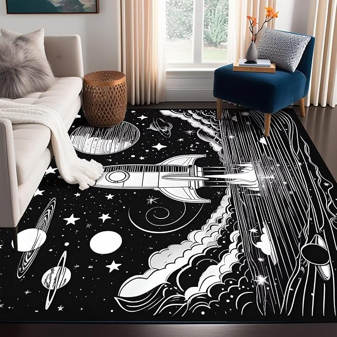 6' x 9' Space Rocket Rug for Kids Bedroom Black Stars Rugs Galaxy Carpet Planet Printed Throw Rugs for Boys Children Living Room,180x275cm