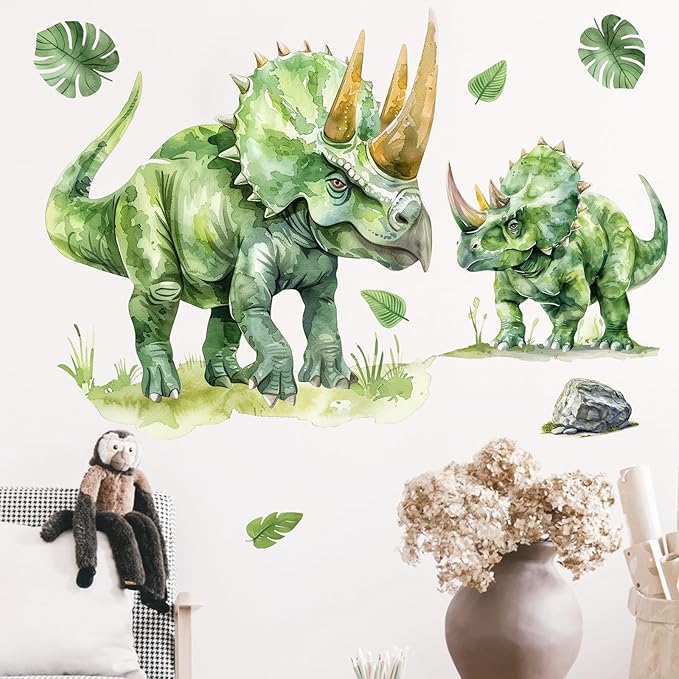 Mfault Watercolor Dinosaur Wall Decals Stickers, Jungle Green Dino Triceratops Monstera Palm Leaves Nursery Decorations Kids Bedroom Art, Tropical Plant Block Baby Boys Toddlers Playroom Home Decor