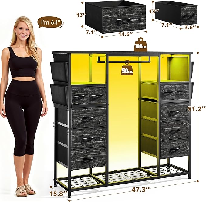 51.2" H Black Dresser with Hanging Rack, 10 Drawers Dresser for Bedroom, Fabric Chest of Drawers with LED Lights & Charging Station, Wooden Top & Sturdy Frame, Black