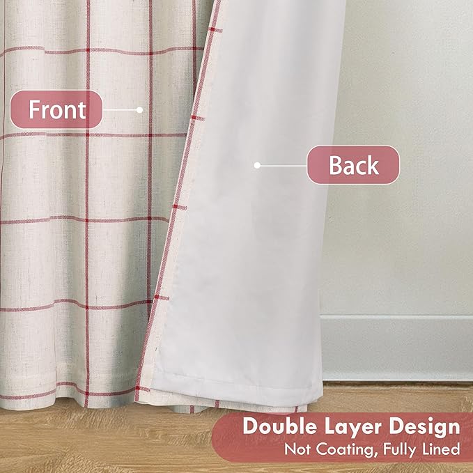 DriftAway 2 Panels 100% Blackout Windowpane Plaid Linen Curtains Double Layer Drapes for Bedroom 72 Inches Long Farmhouse Thermal Insulated 3.25 Inch Rod Pocket Back Tab for Living Room Red