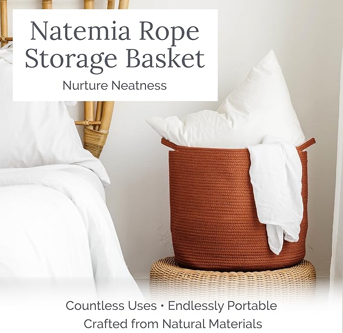 Natemia Rope Storage Basket- Nursery Bin and Toy Organizer (15”x15”x14”), Laundry Basket, Basket for Towels, Pillows and Blankets, Perfect Baby Registry Gift