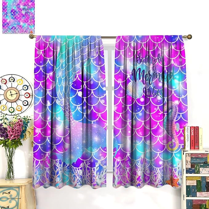 Dream Mermaid Curtains for Kids Boys Girls Ocean Theme Colorful Rainbow Fish Tail Blackout Window Treatment for Bedroom Nursery Room Decor Window Drapes 84" W X 84" L