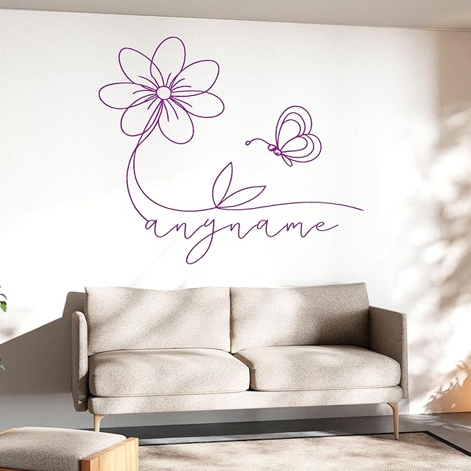 Custom Butterfly Name Wall Decal Personalized Name Butterfly with Floral Flowers Transparent DTF Vinyl Removable Nursery Wall Decals for Baby Kids Room, Teen Bedroom, Window, Cute Home Decor Gifts