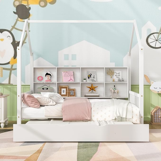 Harper & Bright Designs Full House Bed with Trundle, Wood Kid Daybed Frame with Storage Shelves for Kids, Teens, Solid Wood Structure & House-Shaped, White