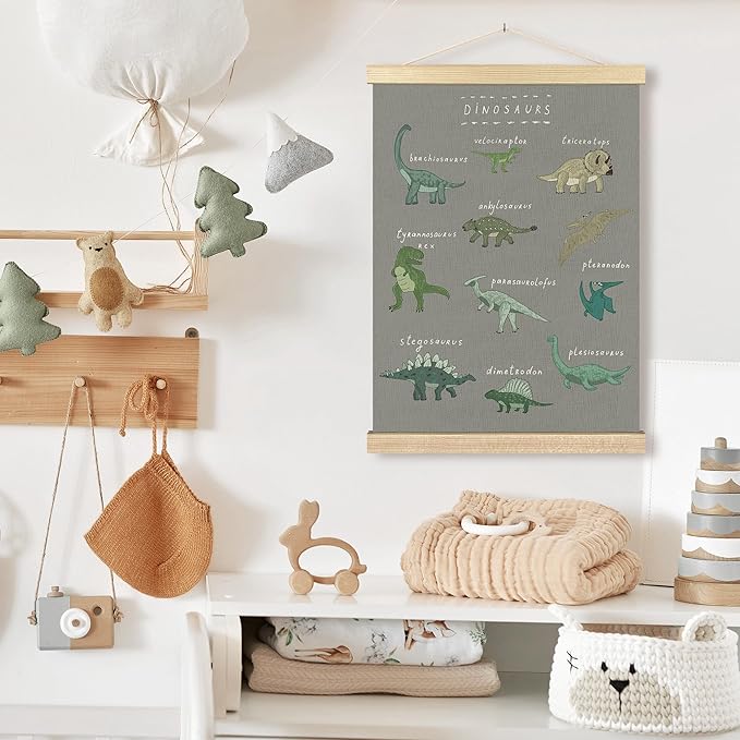 BCUANGD Dinosaur Dino Wall Decor - Gray Baby Toddler Boys Room Wall Art Poster Hanger with Wood Frames, Inspirational Wall Hanging Canvas Decor for Kids Room Nursery Bedroom, 12x16 Inches